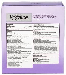 На задней части упаковки Рогейна 2% (Rogaine 2%) приведены традиционные рекомендации по применению миноксидила.